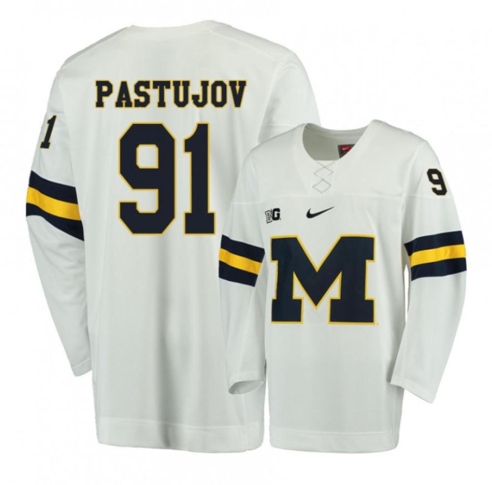 Men's Michigan Wolverines Nick Pastujov #91 College Hockey Stitched White Jersey (Copy)
