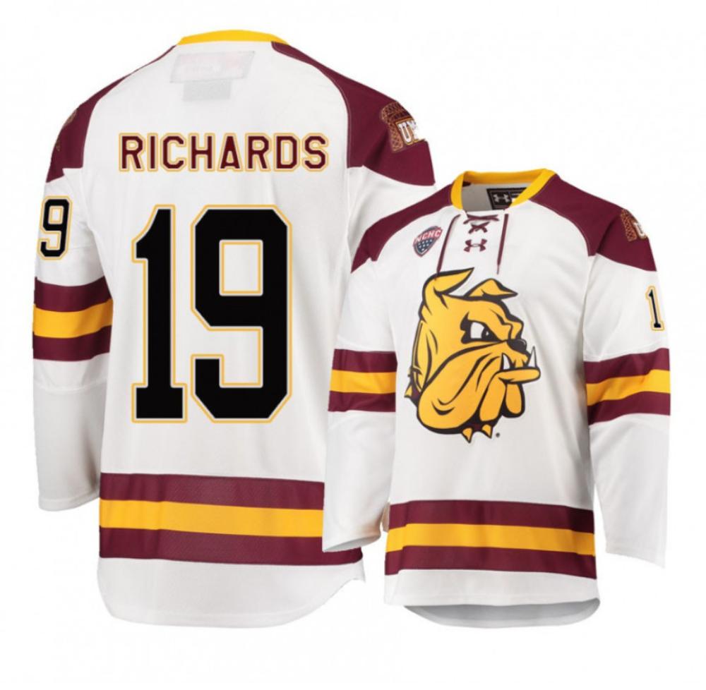 Men's Minnesota Duluth Bulldogs #19 Justin Richards Hockey Stitched White Jersey