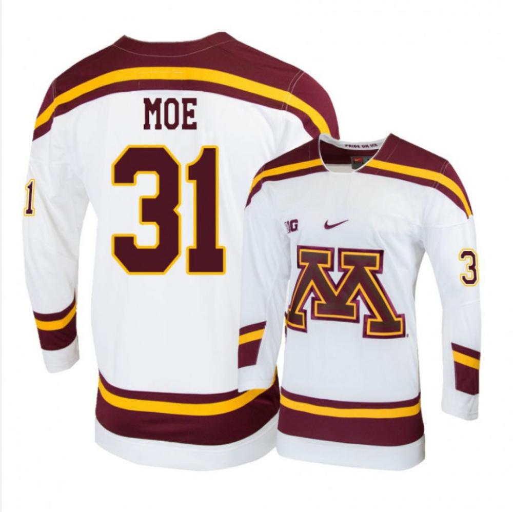 Men's Minnesota Golden Gophers #31 Jared Moe Hockey All Stitched White Jersey