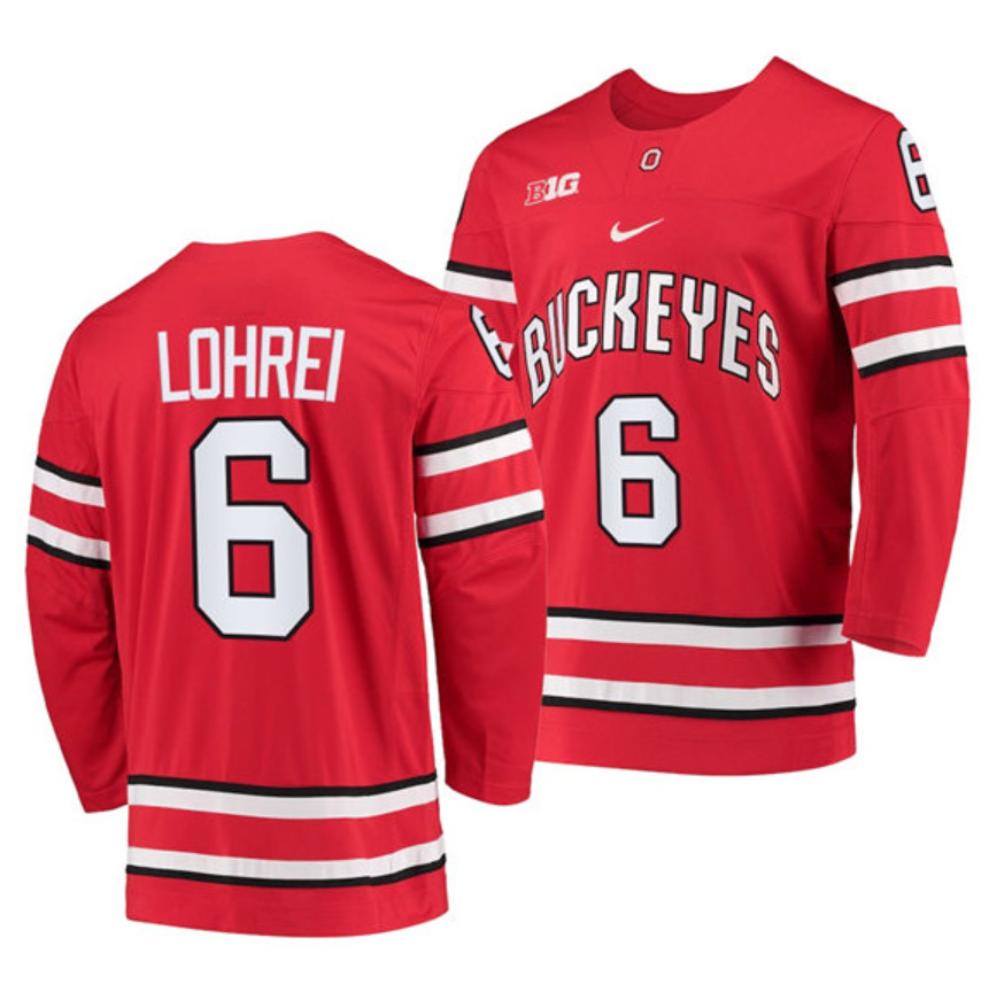 Men's Ohio State Buckeyes #6 Mason Lohrei College Hockey Stitched Jersey Red