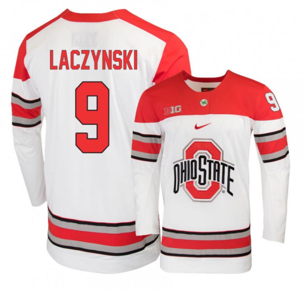 Men's Ohio State Buckeyes #9 T. Laczynski College Hockey Stitched White Jersey