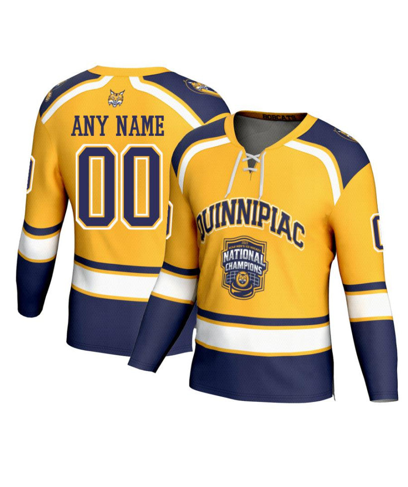 Men's Quinnipiac Bobcats Custom Gold Fashion 2023 National Champions Hockey Jersey