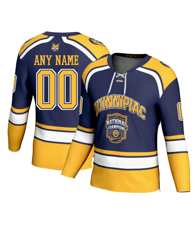 Men's Quinnipiac Bobcats Custom Navy Fashion 2023 National Champions Hockey Jersey