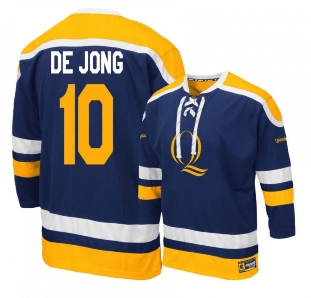 Men's Quinnipiac Bobcats #10 Ethan De Jong College Hockey Stitched Navy Jersey