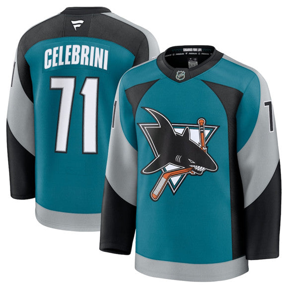 Men's San Jose Sharks #71 Macklin Celebrini Jersey Teal 2025 Alternate Stitched