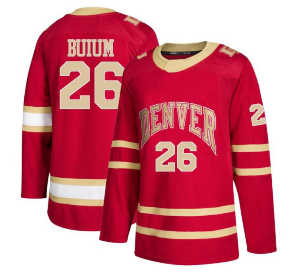 Men's Shai Buium #26 Denver Pioneers College Hockey Stitched Crimson Jersey