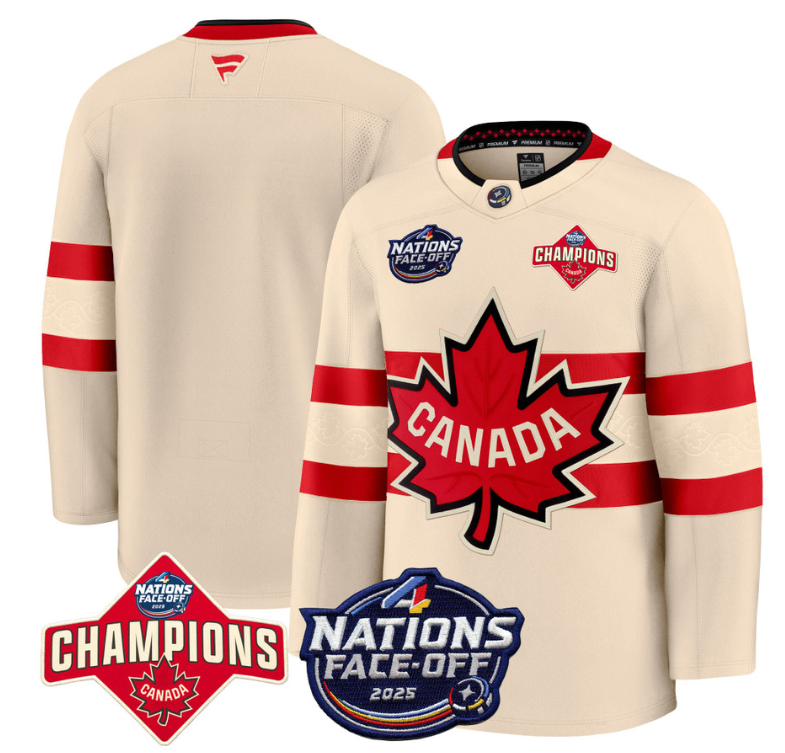 Men's Team Jersey Canada 4 Nations Face-Off 2025 Champions Patch Stitched Cream