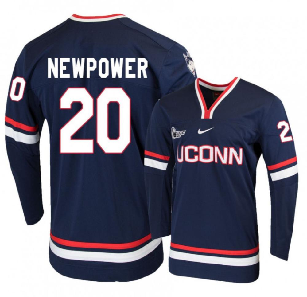 Men's UConn Huskies #20 Wyatt Newpower College Hockey All Stitched Navy Jersey