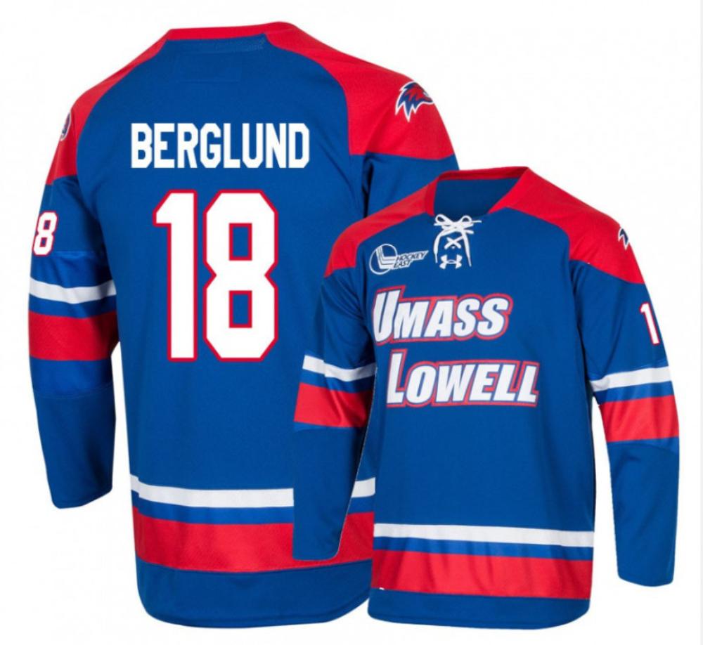 Men's UMass Lowell River Hawks #18 Carl Berglund College Hockey Blue Jersey