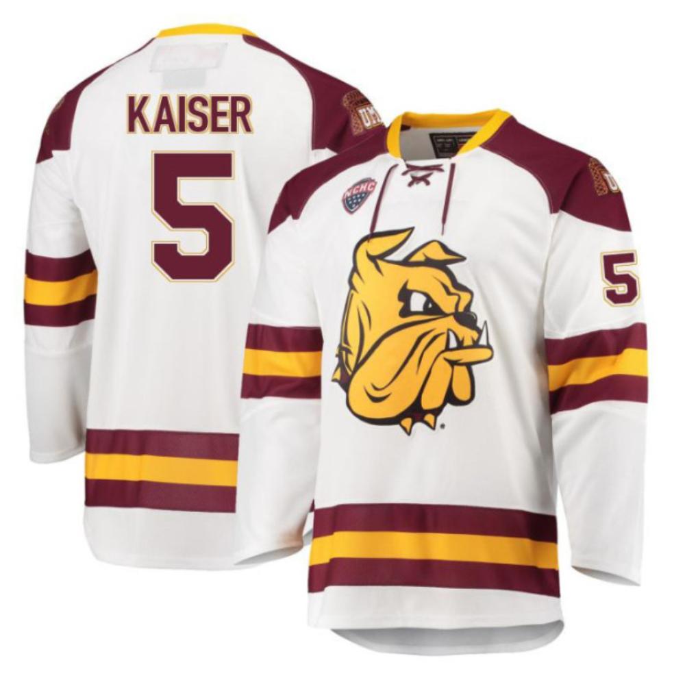 Men's Wyatt Kaiser #5 Minnesota Duluth Bulldogs Hockey Stitched White Jersey