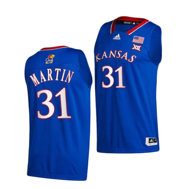 Men's #31 Cam Martin Jersey Kansas Jayhawks College Basketball Jerseys Blue 2022