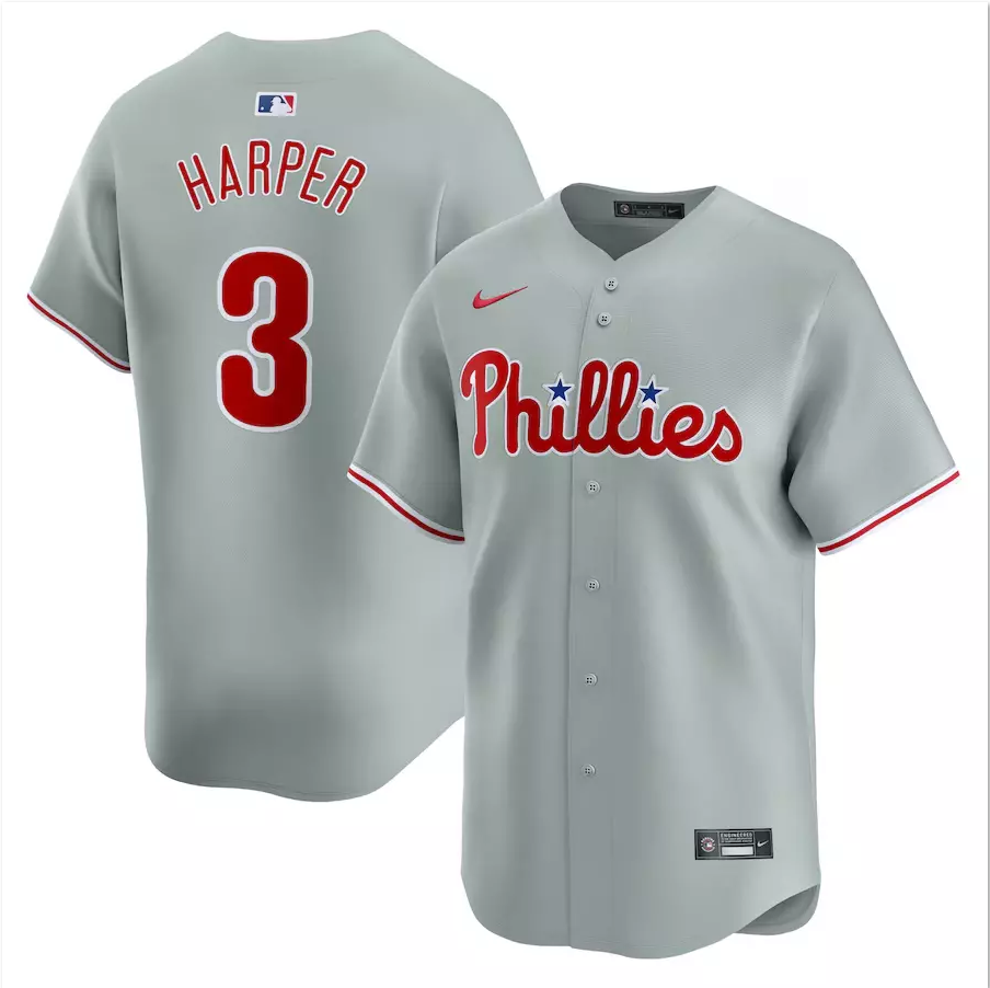 Men's #3 Bryce Harper Gray Away Limited Player All Stitched Jersey