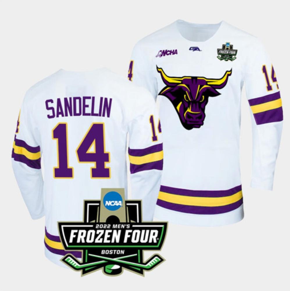 Mens Massachusetts Minutemen #14 Ryan Sandelin College Hockey Jersey White