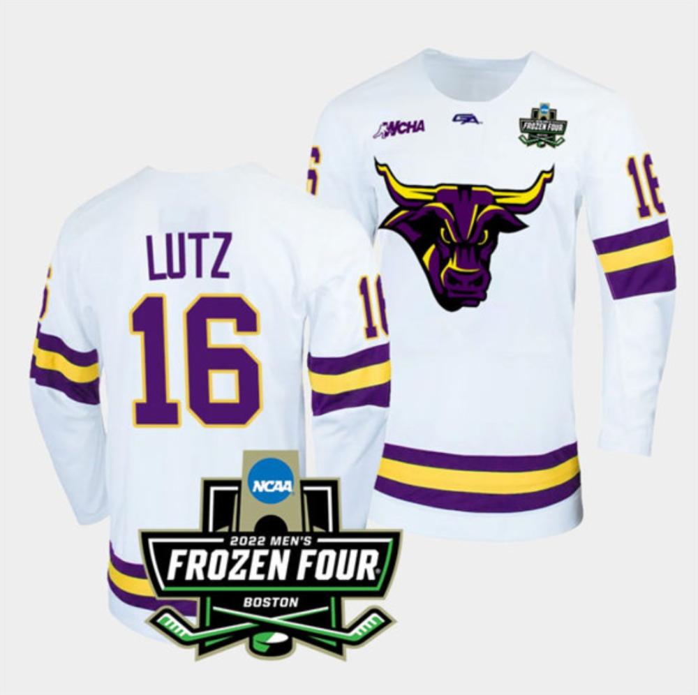 Mens Massachusetts Minutemen #16 Reggie Lutz College Hockey Jersey White
