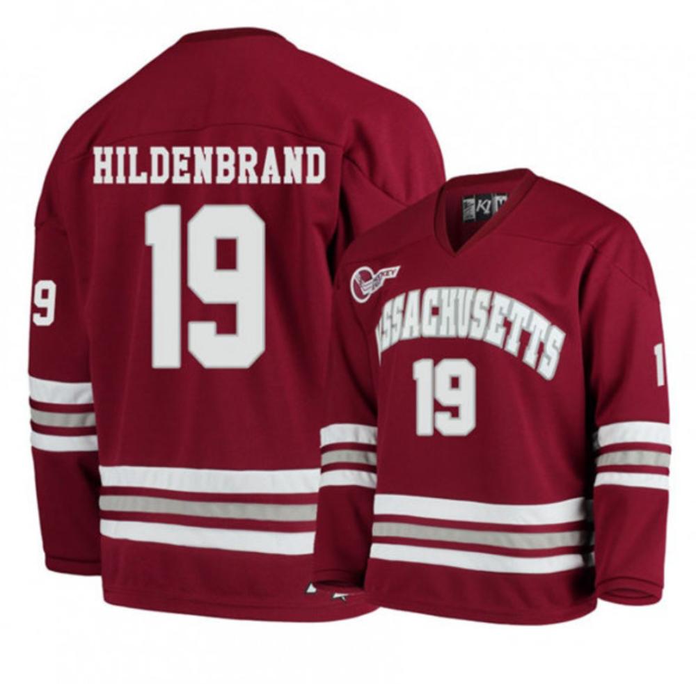 Mens Massachusetts Minutemen #19 Niko Hildenbrand College Hockey Jersey Maroon