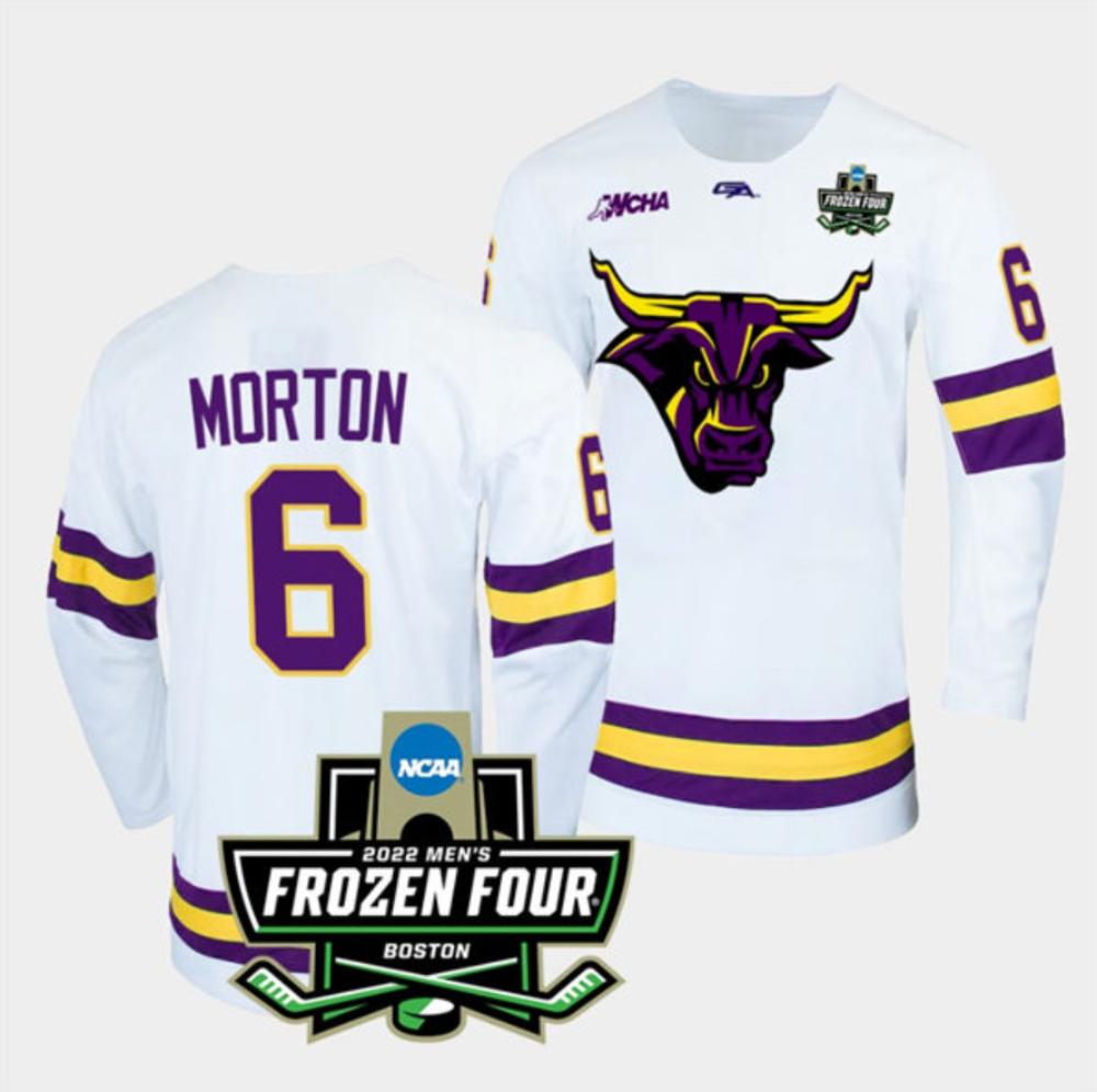 Mens Massachusetts Minutemen #6 Sam Morton College Hockey Jersey White