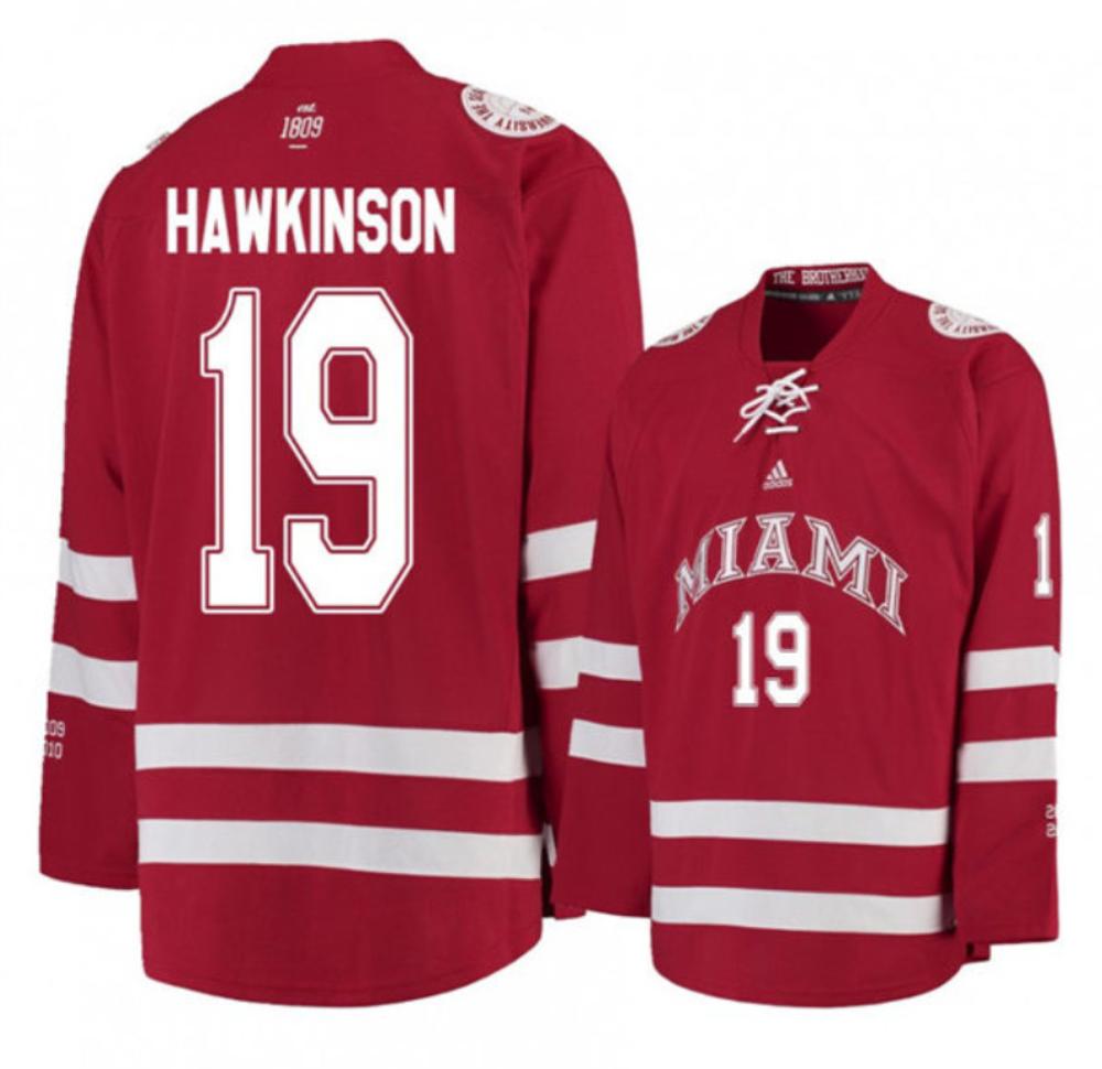 Mens Miami University RedHawks #19 Brian Hawkinson Red College Hockey Jersey