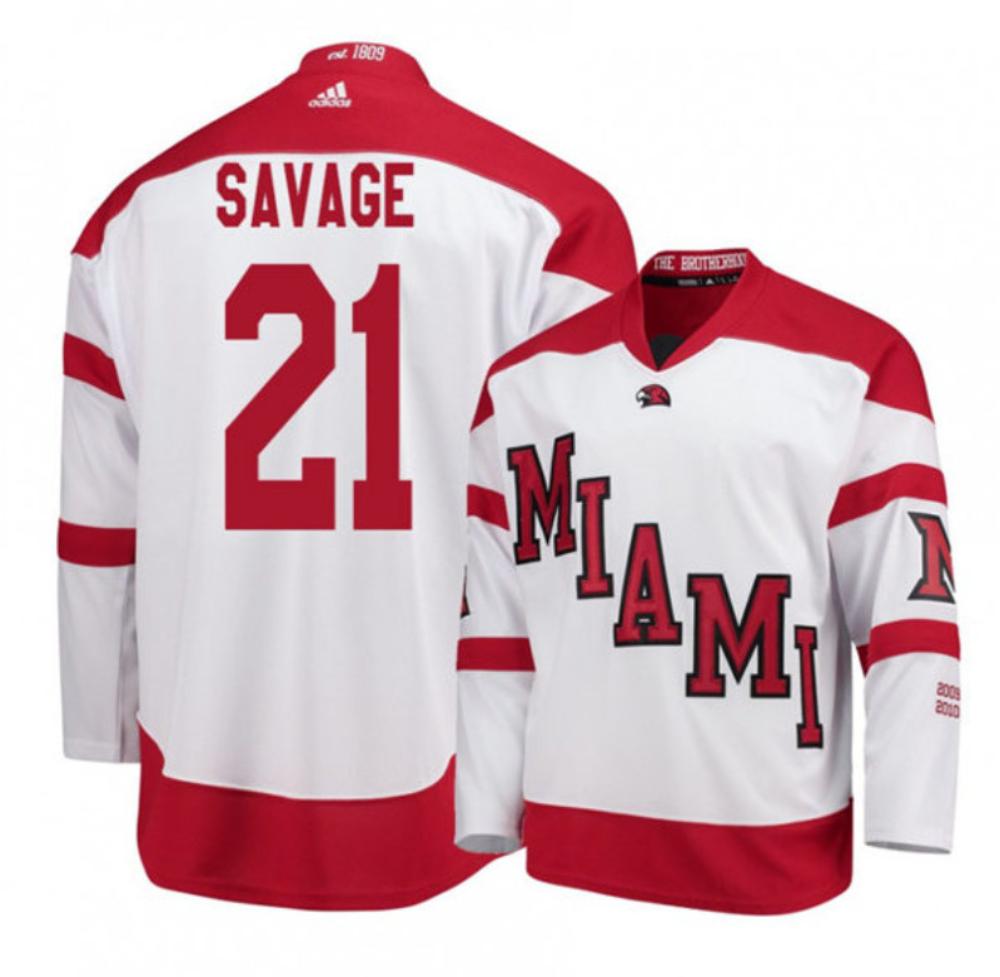 Mens Miami University RedHawks #21 Ryan Savage White College Hockey Jersey