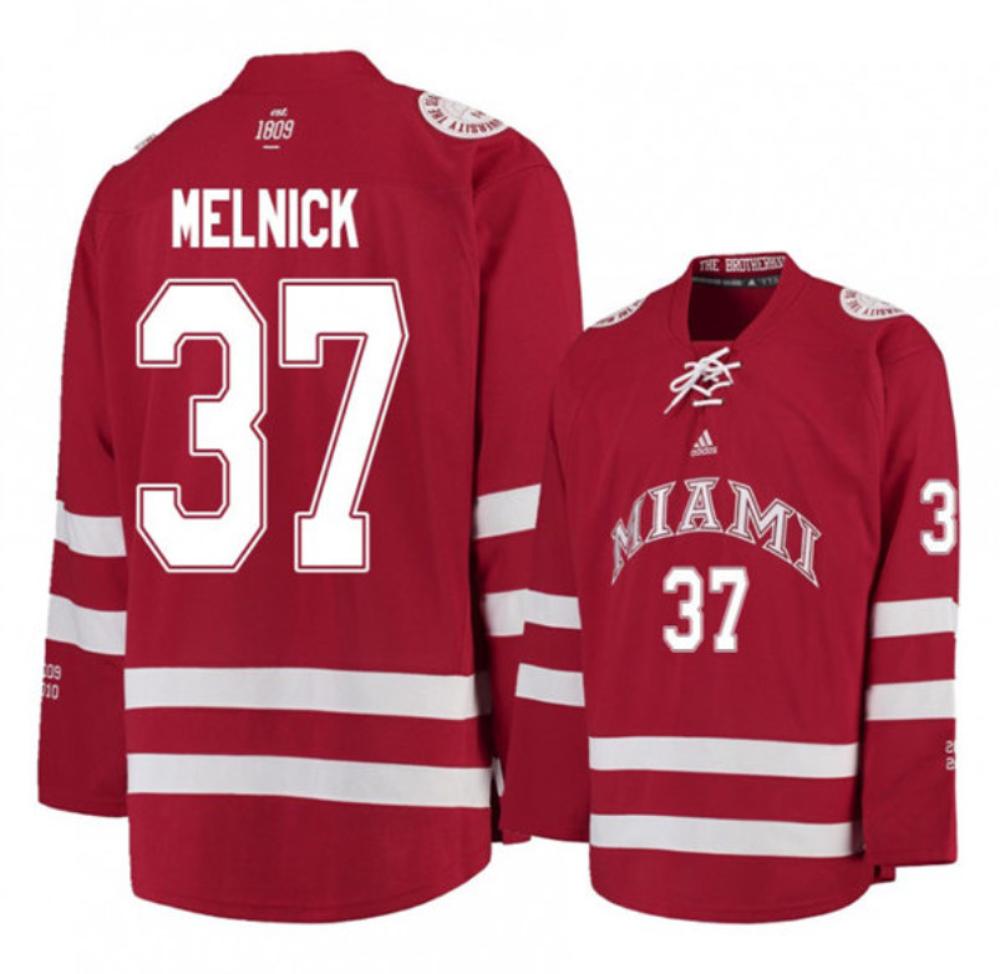 Mens Miami University RedHawks #37 Josh Melnick Red College Hockey Jersey