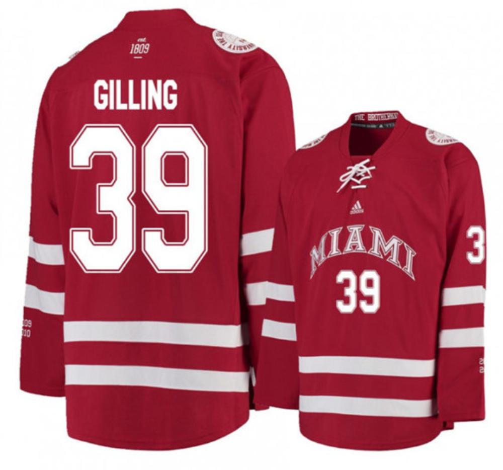 Mens Miami University RedHawks #39 Casey Gilling Red College Hockey Jersey