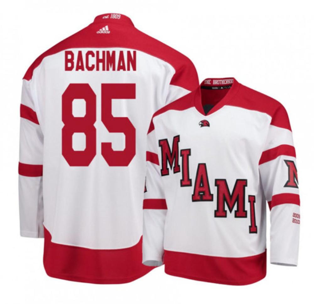 Mens Miami University RedHawks #85 Karch Bachman White College Hockey Jersey