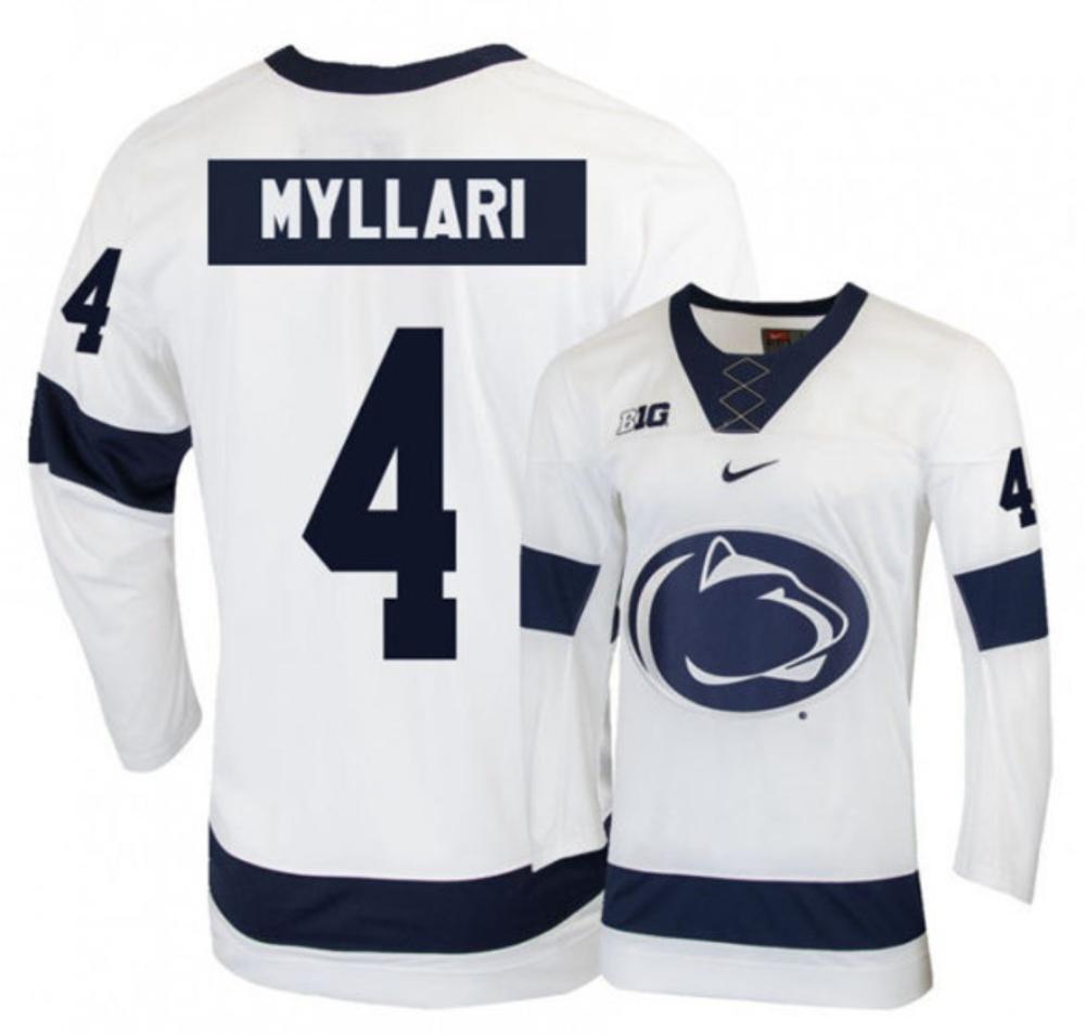 Mens Penn State Nittany Lions #4 Kris Myllari Stitched White Hockey Jerse