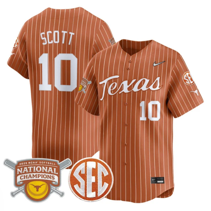 Mia Scott Jersey #10 Texas Longhorns 2025 National Champions Orange Pinstripe