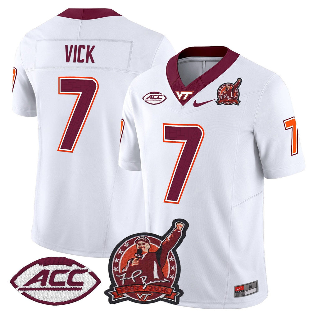 Michael Vick Jersey #7 Virginia Tech Hokies Coach Frank Beamer 2025 White