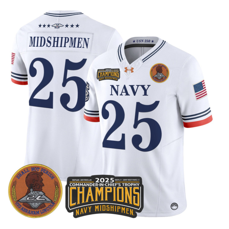 Midshipmen Jersey #25 Navy Midshipmen 2025 Trophy Champions Stitched White