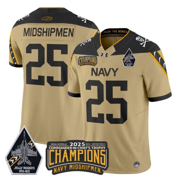 Midshipmen Jersey #25 Navy Midshipmen Jolly Rogers 2025 Trophy Stitched Gold