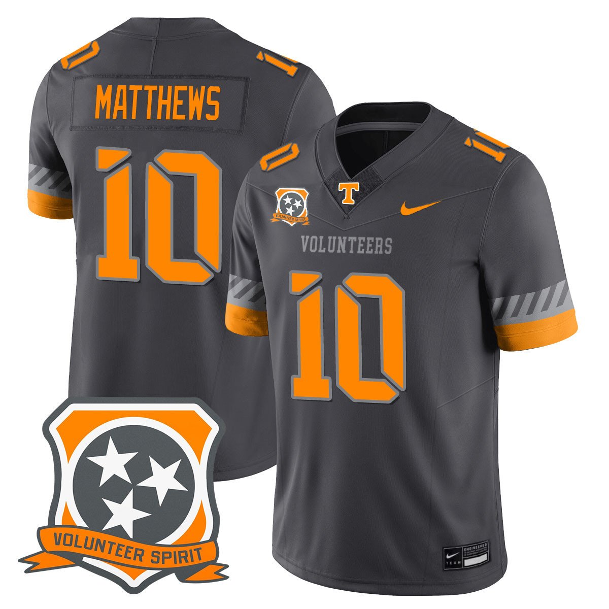 Mike Matthews Jersey #10 Tennessee Volunteers 2025 Spirit Stitched Smokey Gray