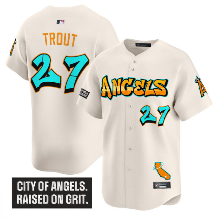 Mike Trout Jersey #27 Los Angeles Angels Graffiti Halo Drop Edition Cream