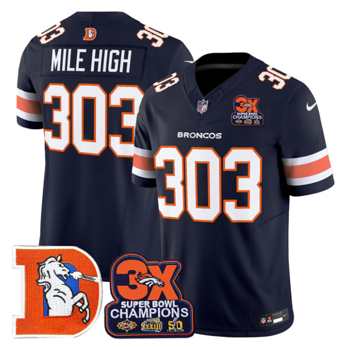 Mile High Jersey #303 Throwback Vapor 3-Time Champions Patch Stitched Navy