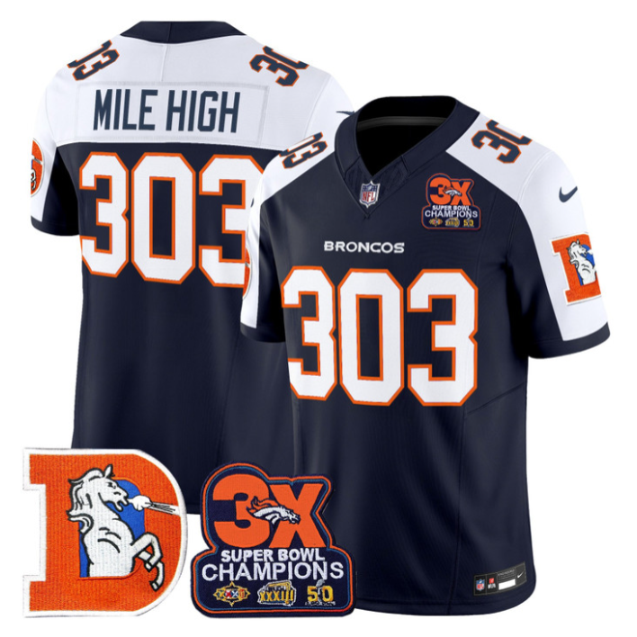 Mile High Jersey #303 Throwback Vapor 3-Time Champions Patch Stitched Navy Alternate