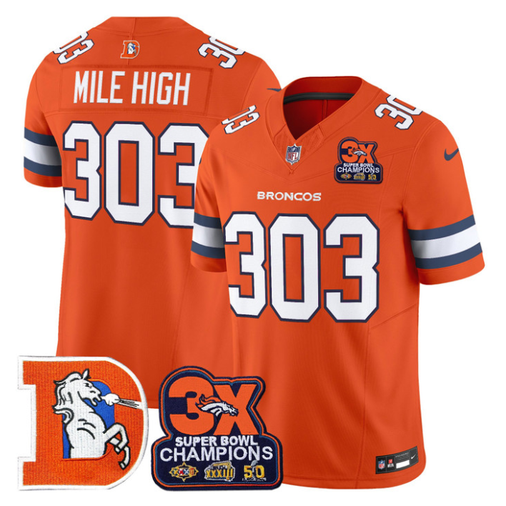 Mile High Jersey #303 Throwback Vapor 3-Time Champions Patch Stitched Orange