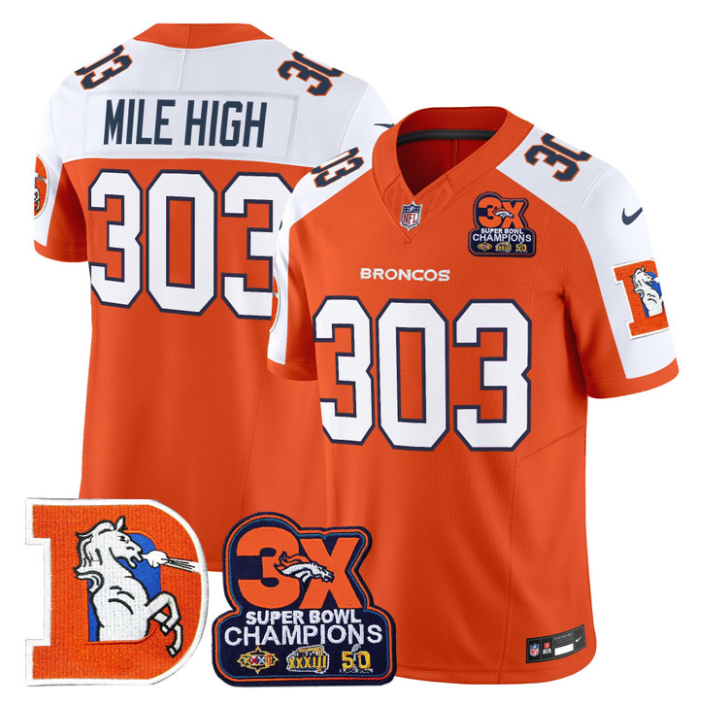 Mile High Jersey #303 Throwback Vapor 3-Time Champions Patch Stitched Orange Alternate