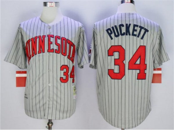 Minnesota Twins #34 Kirby Puckett Gray 1987 Throwback Pinstripe Jersey
