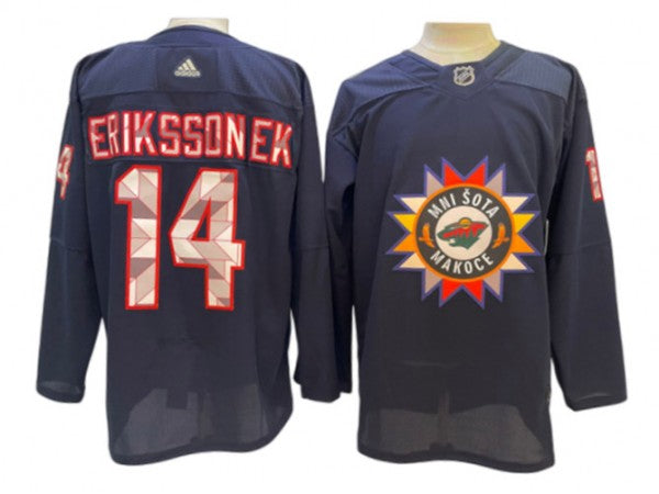 Minnesota Wild #14 Joel Eriksson Navy Native American Heritage Day Jersey (Copy)