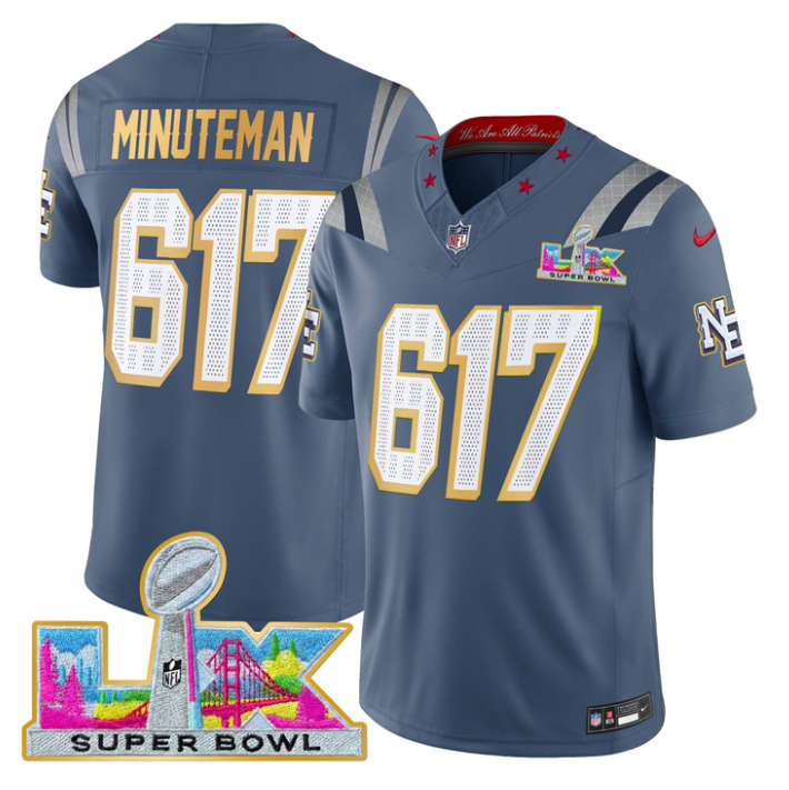 Minuteman Jersey #617 Patriots Super Bowl LX Gold Trim All Stitched