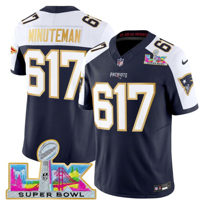 Minuteman Jersey #617 Patriots Super Bowl LX Gold Trim All Stitched