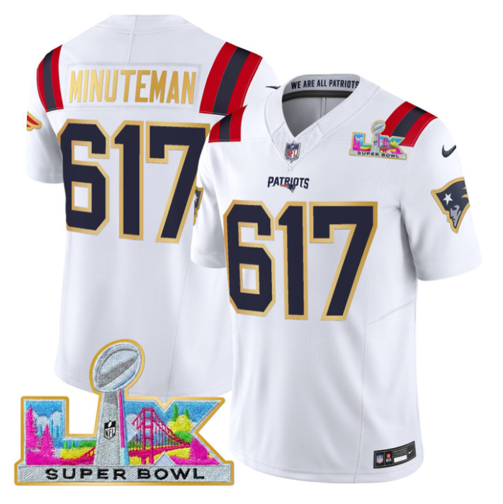 Minuteman Jersey #617 Patriots Super Bowl LX Gold Trim All Stitched