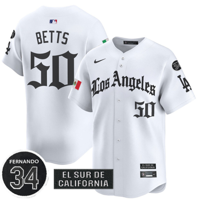 Mookie Betts Jersey #50 Dodgers Mexico 2025 LA Gothic Style Patch Premier Limited Stitched White