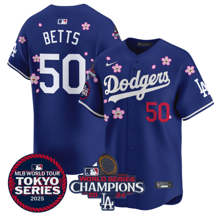 Mookie Betts Jersey #50 Dodgers Tokyo Series 2025 World Series Champions Patch Royal