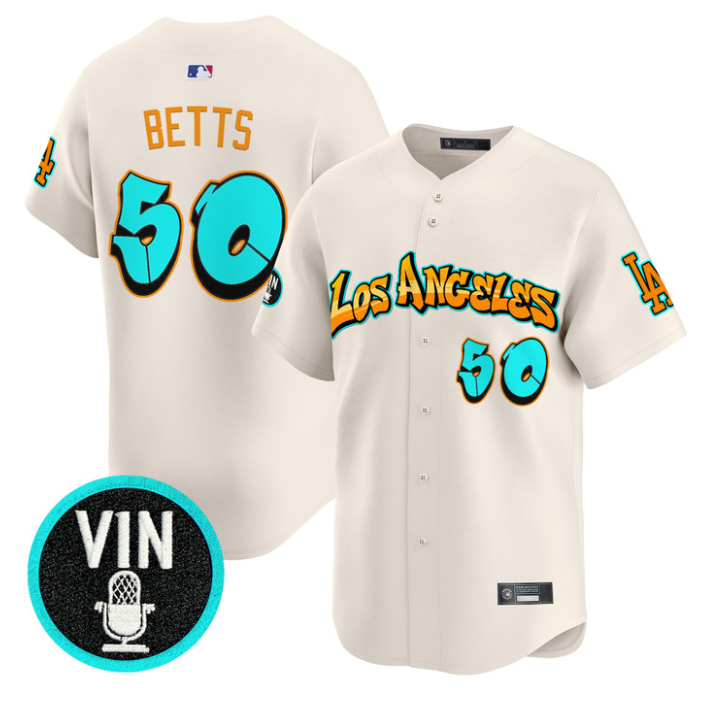 Mookie Betts Jersey #50 Los Angeles Dodgers Graffiti Street Style Stitched Cream