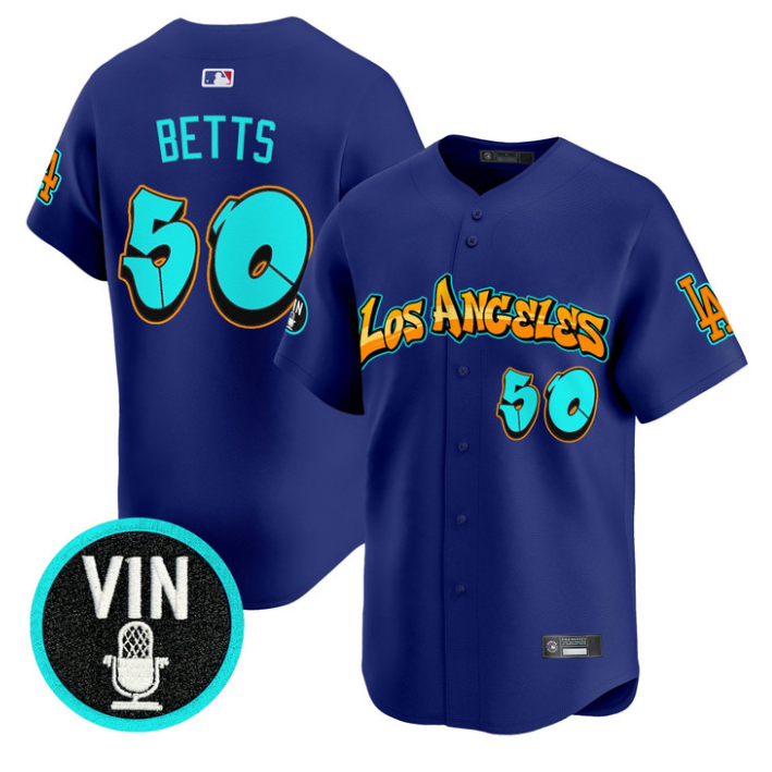 Mookie Betts Jersey #50 Los Angeles Dodgers Graffiti Street Style Stitched Royal