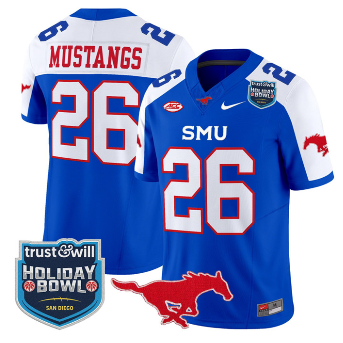Mustangs Jersey #26 SMU Mustangs 2026 Holiday Bowl Patch Stitched Blue Alternate