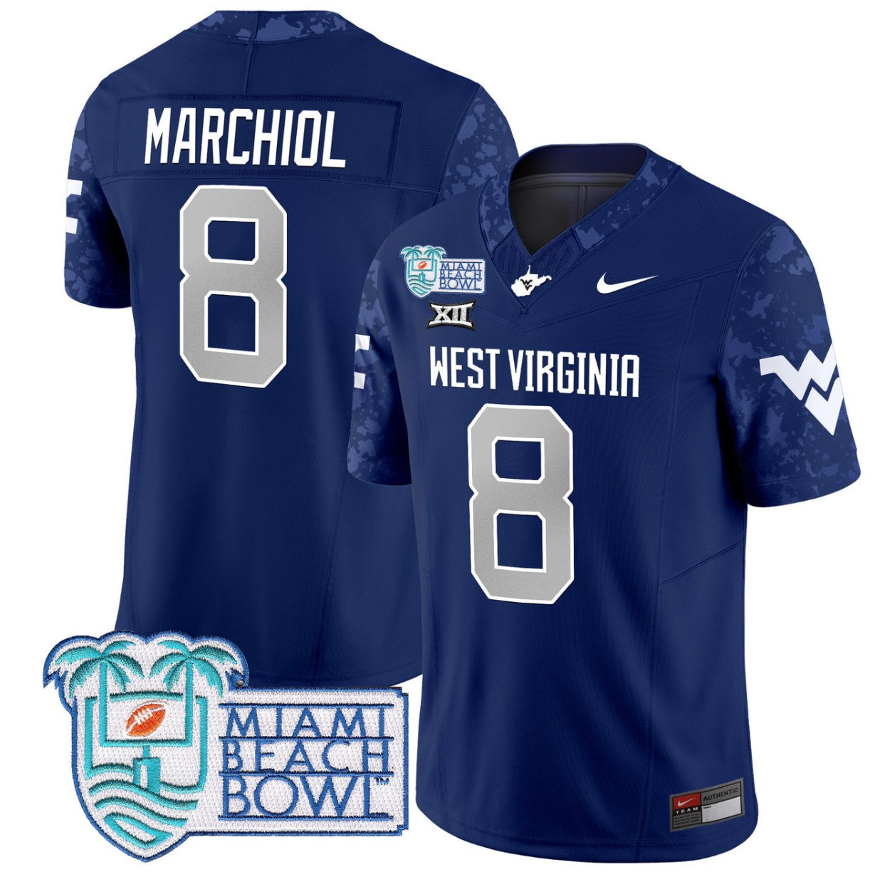 Nicco Marchiol Jersey #8 West Virginia Mountaineers 2025 Miami Beach Bowl Navy