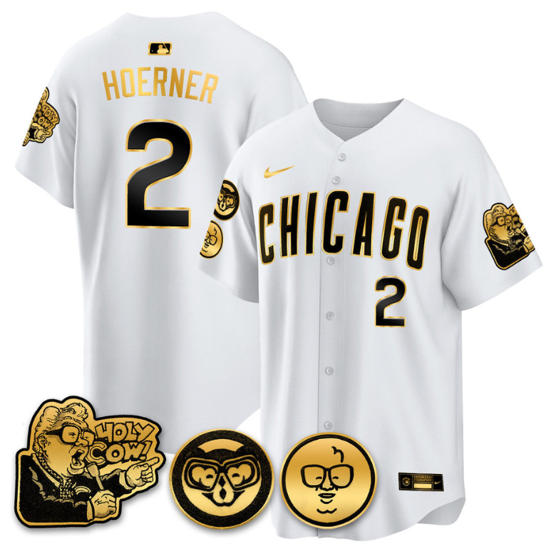 Nico Hoerner Jersey #2 Chicago Cubs Harry Caray Holy Cow Patch Premier Limited Stitched White Gold