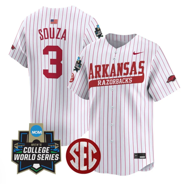Nolan Souza Jersey #3 Arkansas Razorbacks 2025 World Series Stitched Pinstripe