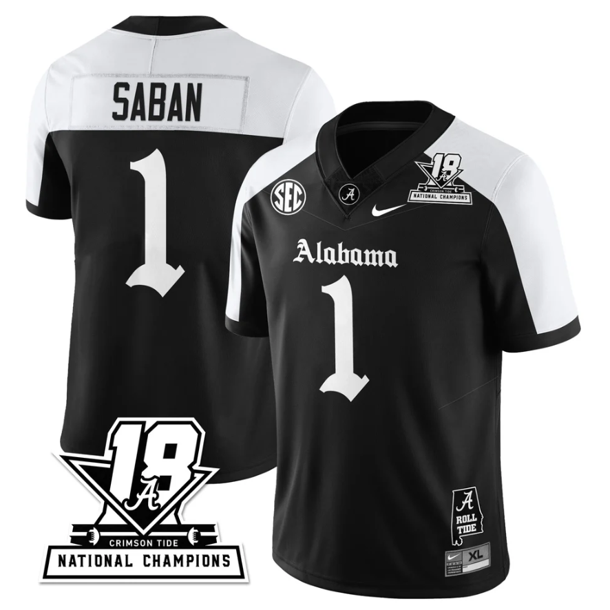 Nick Saban Jersey #1 Alabama Crimson 18x-Time National Champions Gothic